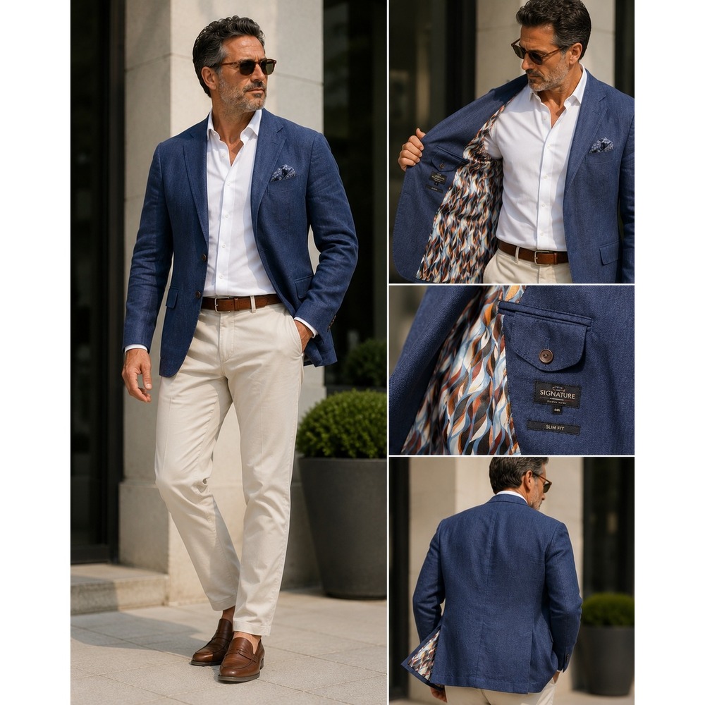 Signature Mens Blue Leomaster Italian Linen Slim Fit Blazer Sport Coat 44R